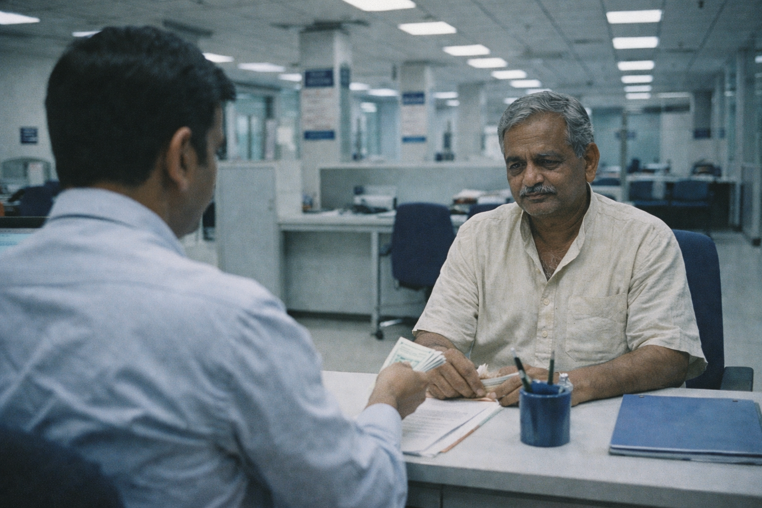 Ramesh sitting in a cold bank office