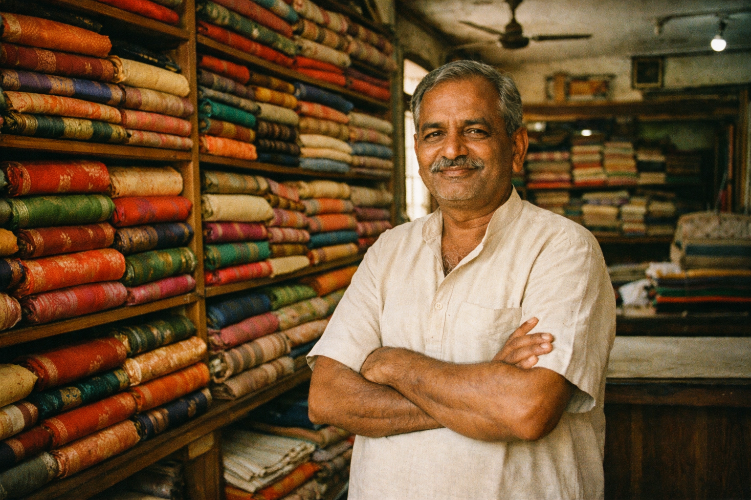 Ramesh in his textile shop in Surat