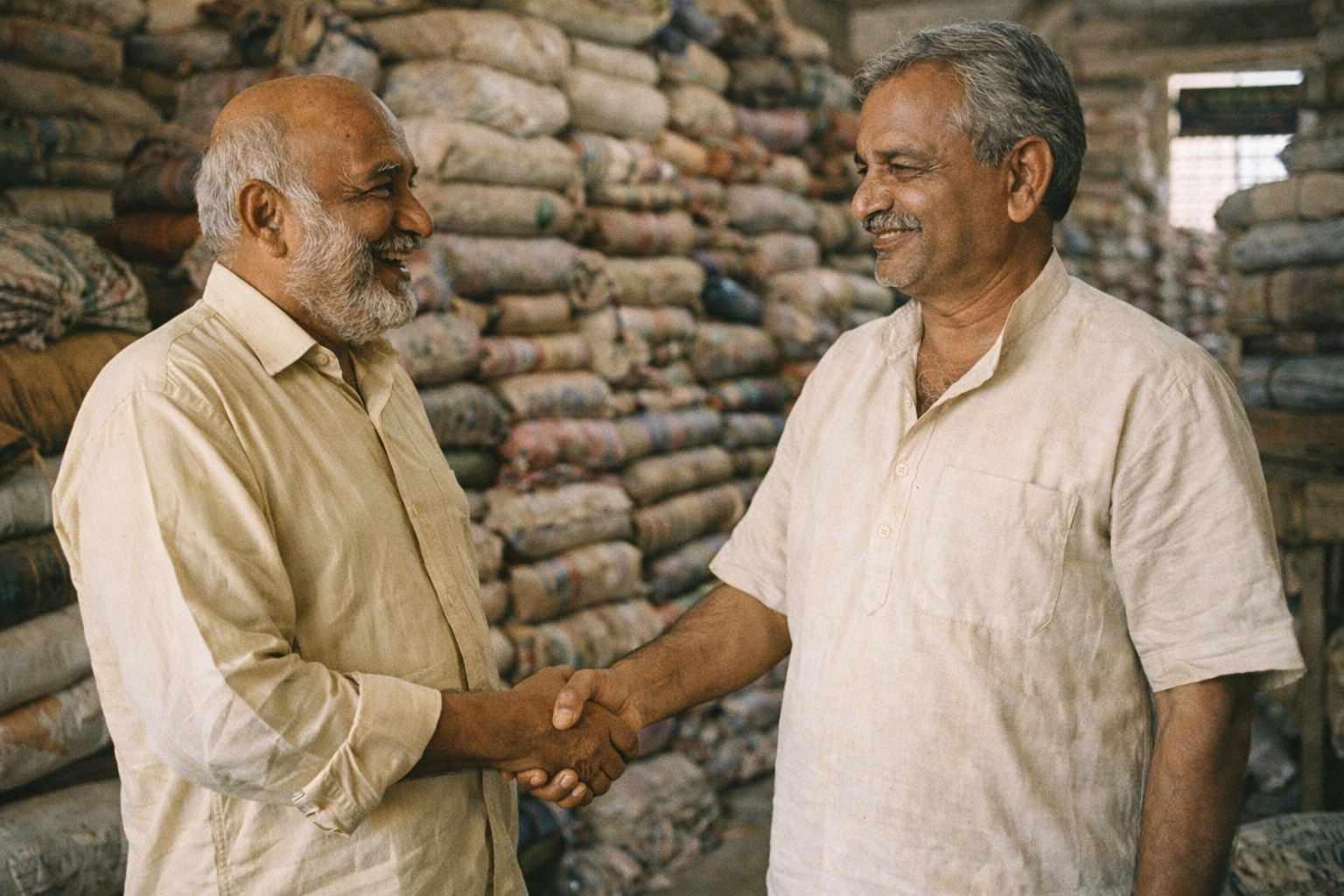 Ramesh shaking hands with his supplier